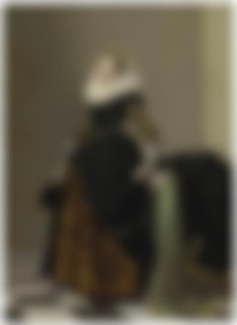 Portrait of a richly dressed young lady, full-length, before a draped table (preview)