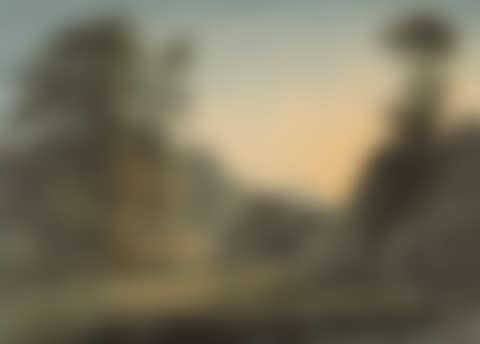 A farmhouse with outbuildings beside a stream at sunset (preview)