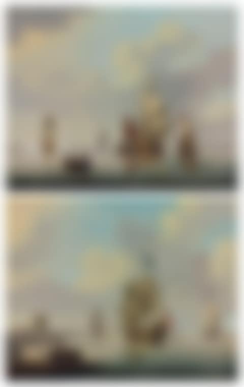 Ships of the Red Squadron at anchor, one firing a salute as she prepares to the leave the anchorage; and An English third-rate of the Red Squadron at anchor off the Low Countries, surrounded by coastal craft and with an Admiralty yacht firing a salute off her stern (preview)