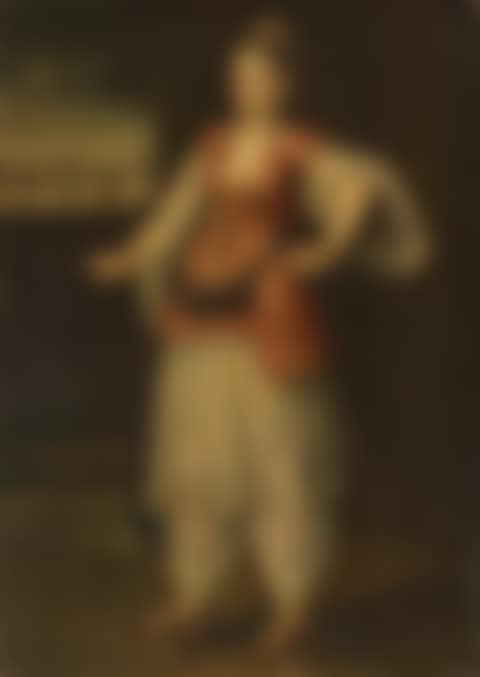 Portrait of a Sultana, full-length, wearing white salvar and gömlek, and a red and gold embroidered yelek, a view of Constantinople beyond (preview)