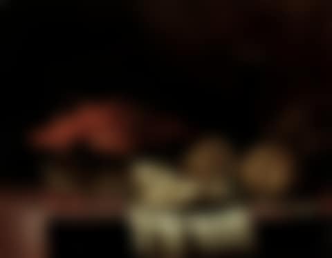 Cherries in a wicker basket, sliced citrons on a pewter plate, a knife, bread and a glass of wine on a linen-covered table (preview)