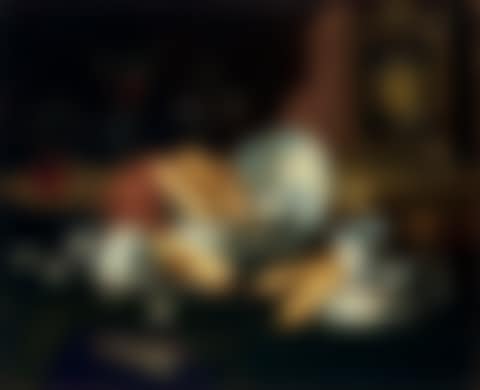 Biscuits, porcelain and an earthenware pot on a silver charger with a glass of wine, books, a clock, jasmine blossoms and other vessels on a partially draped stone ledge (preview)