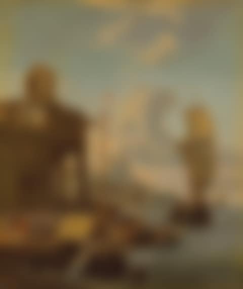 A Mediterranean harbour with figures loading cargo, a mountain beyond (preview)