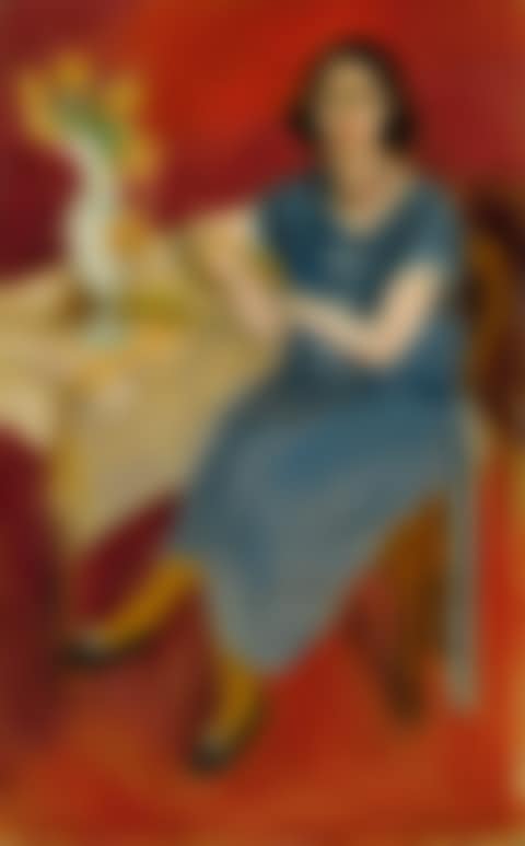 FEMME EN BLEU À TABLE, FOND ROUGE (preview)