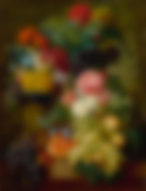 ELABORATE STILL LIFE OF FLOWERS AND FRUIT RESTING ON A STONE LEDGE, A WOODED LANDSCAPE BEYOND (preview)