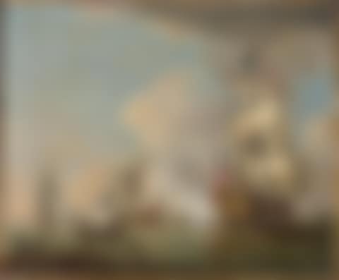A British man o' war firing a salute in calm seas with other vessels, fishermen and their catch on the shore in the foreground (preview)