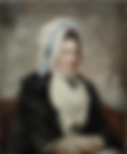 Portrait of a lady, half-length, in a white dress with a black shawl and a white lace cap with a blue ribbon (preview)