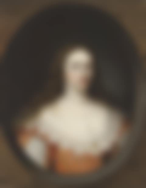 Portrait of a lady, traditionally identified as Mary Chetwynd (d.1637), bust-length, in a red brocade gown, in a feigned marble cartouche (preview)