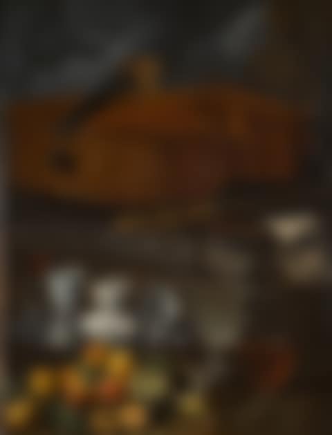 STILL LIFE WITH PORCELAIN CUPS AND A FAÇON DE VENISE GLASS ON A SALVER, WITH A GLASS WINE EWER, PEELED LEMON AND APRICOTS, BEFORE A PLINTH WITH A VIOLONCELLO, RECORDER, AND MUSICAL SCORES (preview)