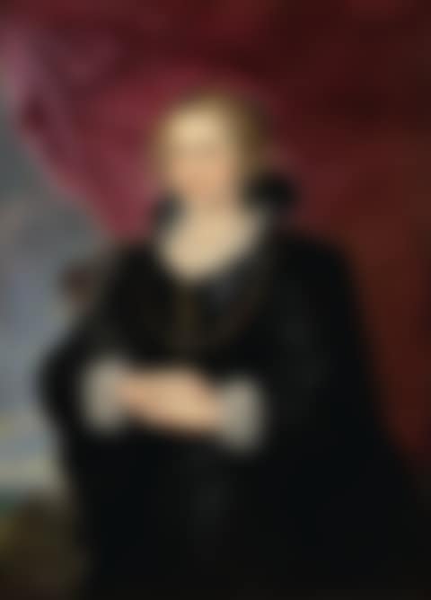 PORTRAIT OF A LADY, THREE-QUARTER LENGTH, WEARING AN ELABORATE BLACK DRESS AND CLOAK, BEFORE A RED DRAPE AND A DISTANT LANDSCAPE (preview)