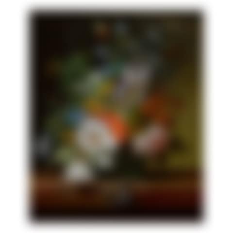 Still life with flowers in a vase on a ledge with a dragonfly, caterpillar, and butterfly (preview)