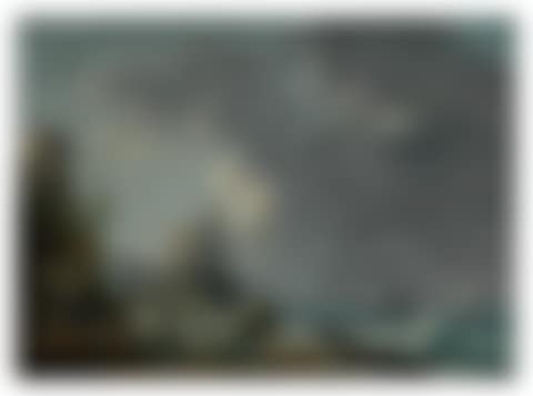 A storm off a rocky coast, with a shipwreck in the foreground and a fort on the rocky shoreline above  (preview)