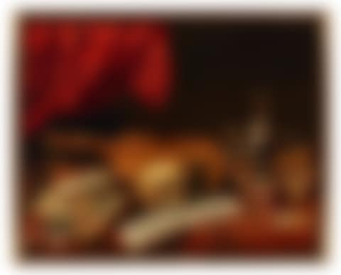 Musical instruments, books, an hourglass, a ewer and a skull on a table - a vanitas (preview)