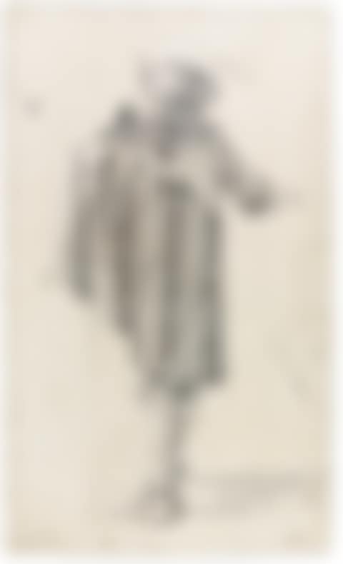 A STANDING MAN WEARING A CAPE AND HAT, SEEN FROM THE SIDE (preview)