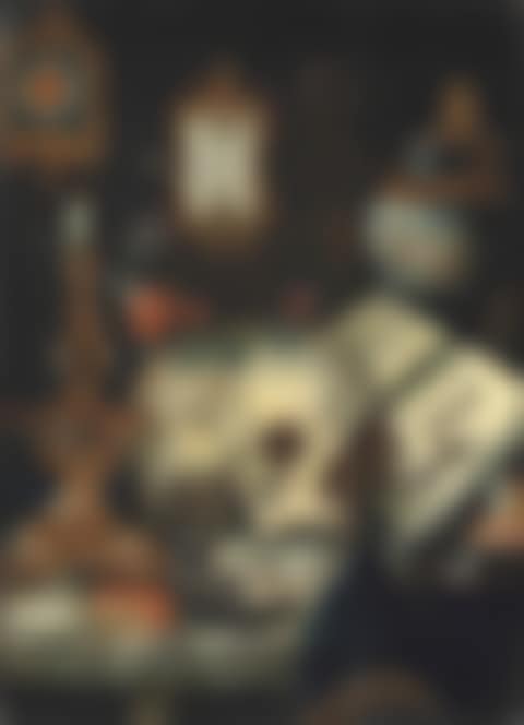 A skull, a lit candle, roses, an urn, a glass of wine, coins, fruit, bubbles, books and drapery on a marble ledge, with a clock, a mirror and a violin on the wall beyond (preview)