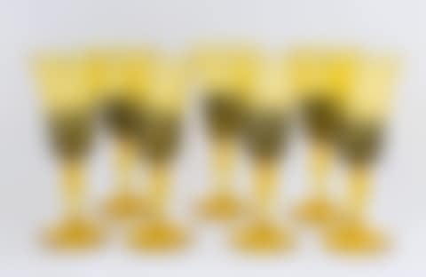 Seven Steuben Bristol Yellow Goblets with Black Threading (preview)