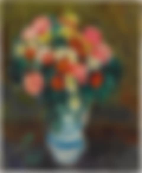 Fleurs mélangées dans un vase blanc et bleu (preview)