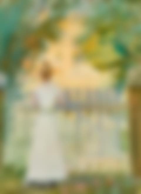 Young woman in a white dress at the gate to the garden of Ancher"s house. Skagen (preview)