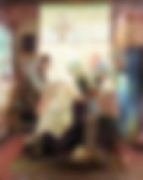 Oil painting - Cottage interior with a young girl sewing whilst her father looks on (preview)