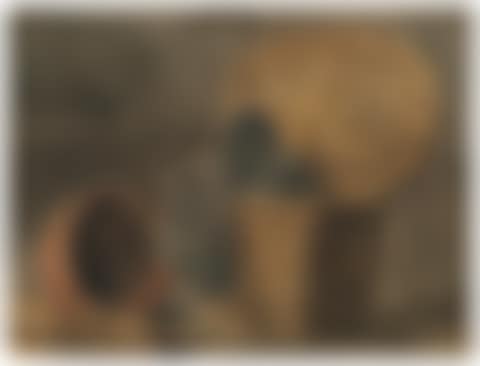 Still life with a wicker basket, cloth, earthenware pot and brush (preview)