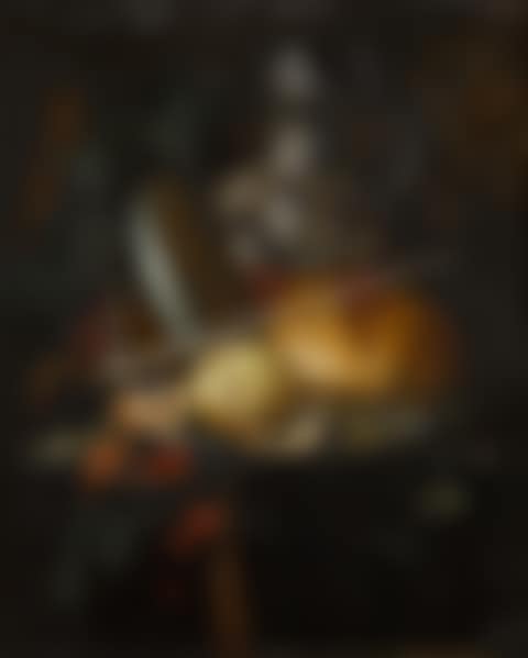 Still life with a partly-peeled orange on a pewter plate with raspberries, cherries, grapes, a loaf of bread, a pipe and a water jug on a partly-draped table (preview)