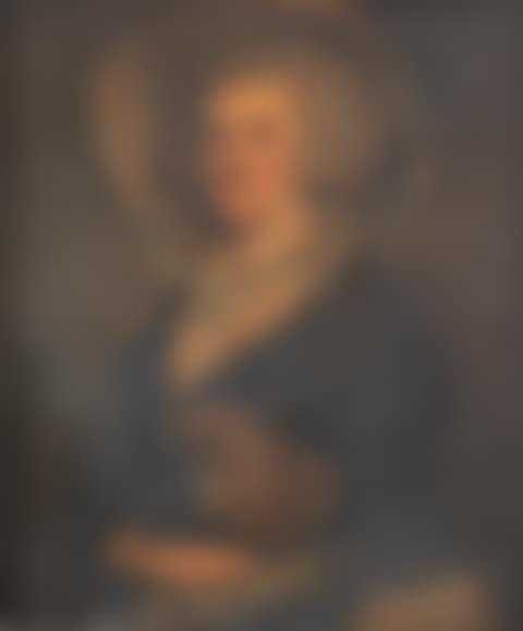 Portrait of a lady, said to be Mrs Falconer, half-length, in a hat, holding her dog (preview)