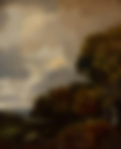 Landscape with trees and a field, a church tower in the distance (preview)