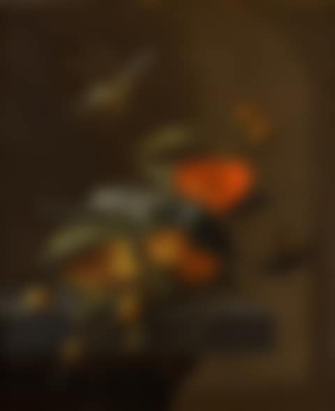 Still life of Austrian briars and other flowers on a stone plinth, with a flying stag beetle and other insects (preview)