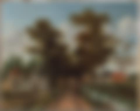 An avenue between two canals outside a village, with a horseman and a dog, a youth in a skiff and a man by the gatehouse nearby (preview)