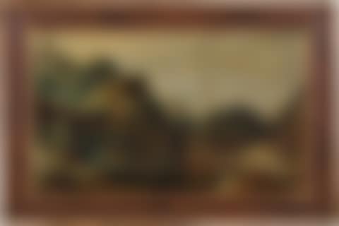 A mountainous landscape with travellers on paths along a riverbank (preview)