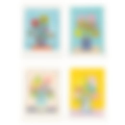 (1) FLOWERS AND BIRDS ON A LIGHT BLUE BACKGROUND (2) PINK ROSES ON A LIGHT BLUE BACKGROUND (3) BOUQUET OF LIGHT BLUE VASES ON A PINK BACKGROUND (4) FLOWERS ON AN ORANGE BACKGROUND 4 WORKS (preview)