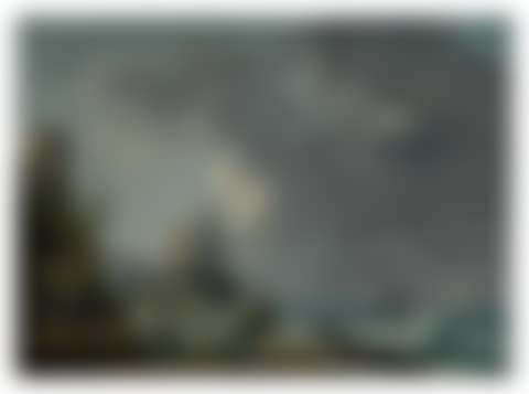 A storm off a rocky coast, with a shipwreck in the foreground and a fort on the rocky shoreline above (preview)