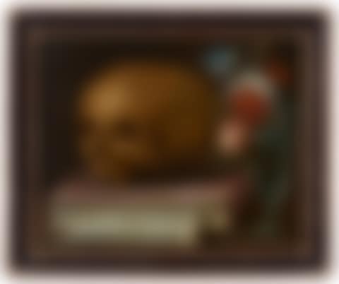 A vanitas still life with a skull resting on a book and a bouquet in a vase (preview)
