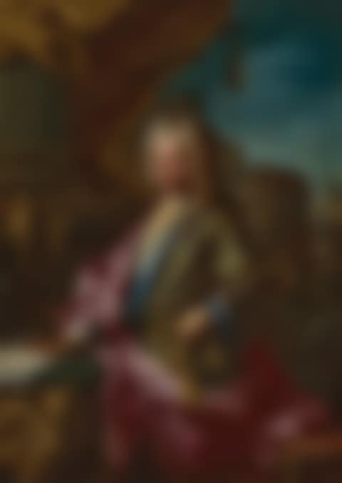 Portrait of George Parker, 2nd Earl of Macclesfield, PRS, three-quarter-length, standing in front of the Colosseum, right hand resting on a map of Italy, a statue of the Apollo Belvedere on a giltwood and marble table (preview)