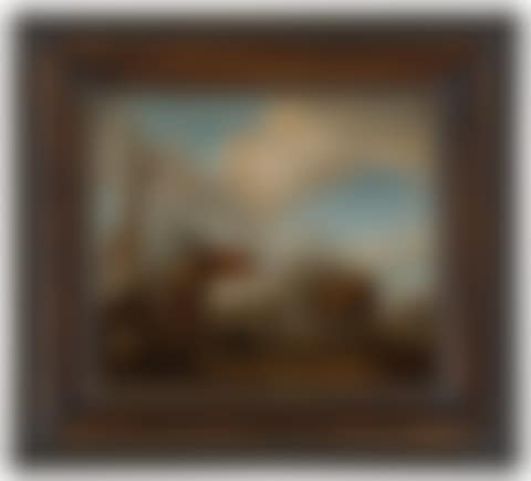Horses in a landscape with figures loading bales onto a boat (preview)