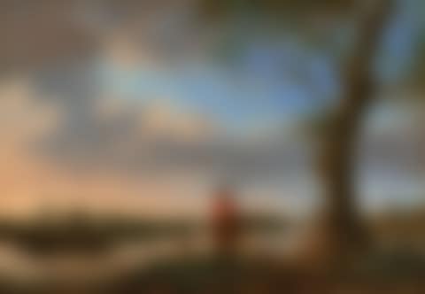 A river landscape at dusk, with a horseman and other figures waiting for a ferry on a riverbank (preview)