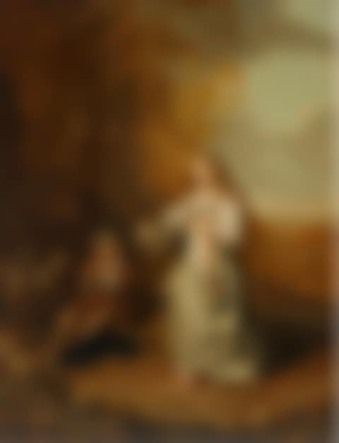 Portrait of a young woman as Flora with a shepherd playing a flute in a landscape (preview)