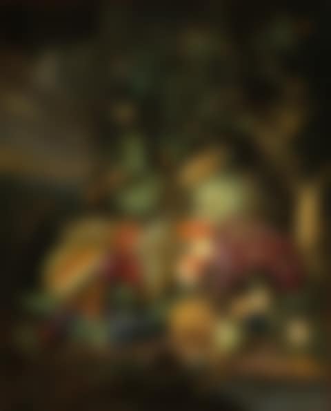 Cantaloupe, peaches, grapes, plums and other fruit and vegetables with insects on a forest floor (preview)