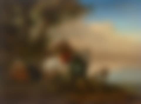 A hunter saddling his horse and a shepherd family, an extensive landscape beyond (preview)