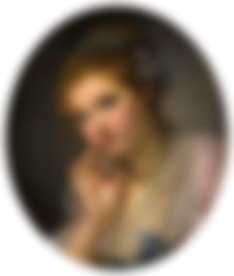 Portrait of a girl, bust-length, wearing a pink dress, diaphanous shawl and blue ribbon with flowers in her hair (preview)