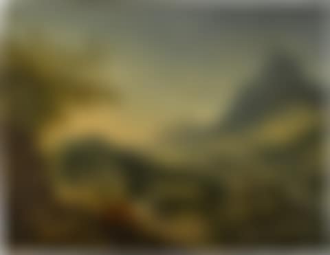 A mountainous river landscape with an inn on the outskirts of a town in the foreground (preview)