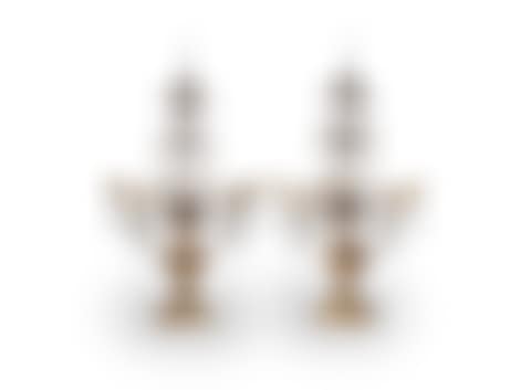 A pair of 19th century Italian giltwood tole and beaded and moulded glass five-light pricket candelabra (preview)