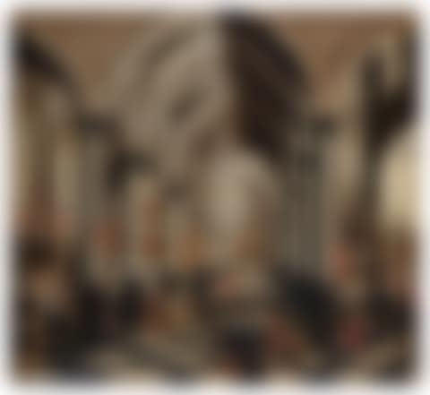 The interior of a church, with elegant figures gathered in the main aisle and Mass being said in a chapel at either side (preview)