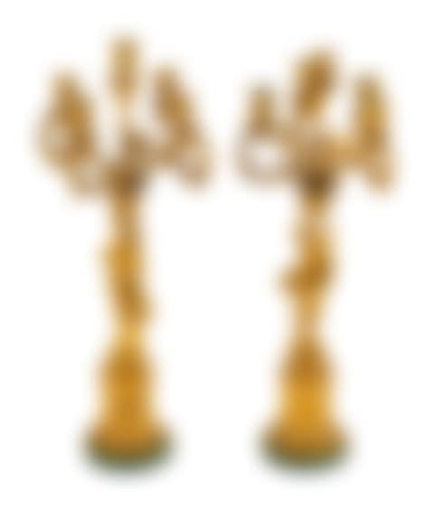 A Pair of Continental Gilt Bronze Figural Five-Light Candelabra with Malachite Veneered Bases (preview)