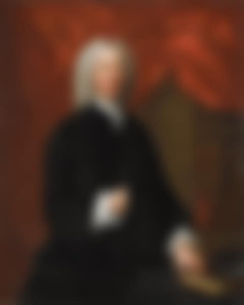 Portrait of a gentleman, three-quarter length, wearing black, with a white cravat, standing beside a table before a red curtain (preview)