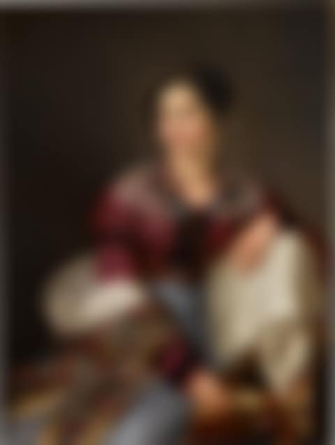 Portrait of an elegantly dressed lady, three-quarter-length, seated, holding a sprig of wild roses (preview)
