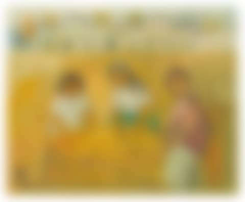 Three female figures sitting and making tang yuan in an outdoor setting (preview)