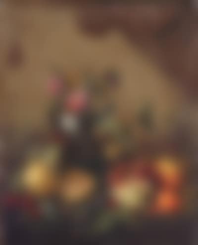 Grapes, melons, plums, peaches, glass of wine, flowers (preview)