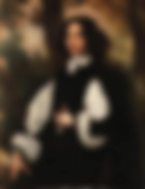 Portrait of gentleman, standing, wearing black costume in landscape (preview)