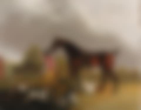 Huntsman leading bay hunter, with hounds outside kennels (preview)